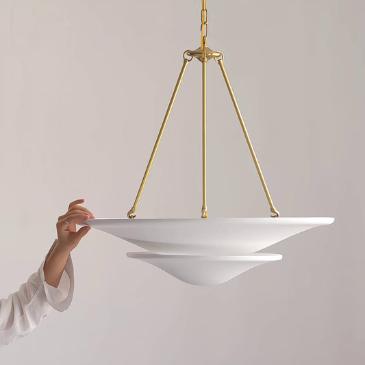 White pendant light with gold chain against a plain background