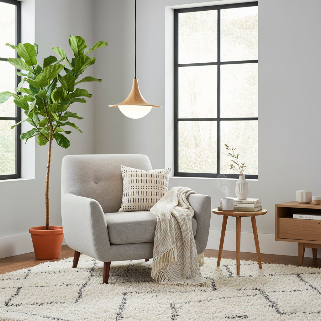Cozy living room with a gray armchair, plant, and side table.