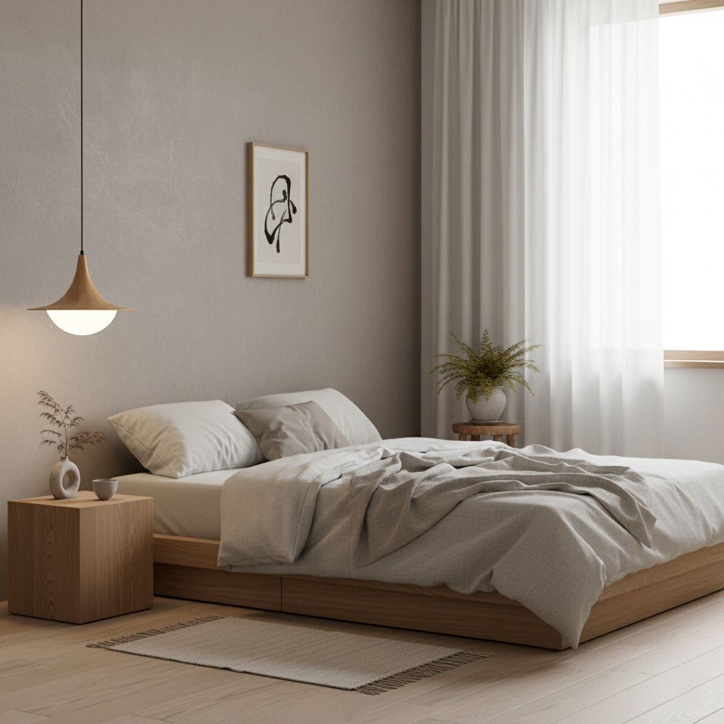 Modern bedroom with a bed, nightstands, and wall art.