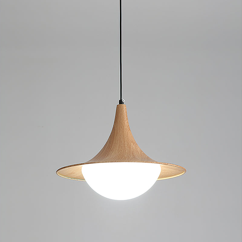 Pendant light with wooden shade and white bulb on a gray background