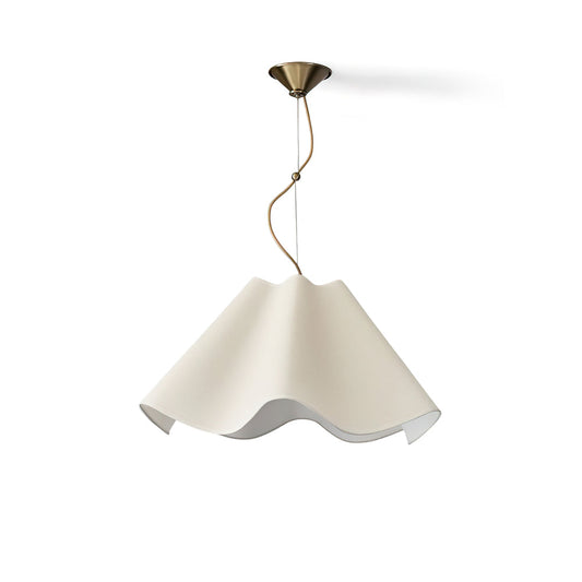 Pendant light with white shade and brass fixture on a white background
