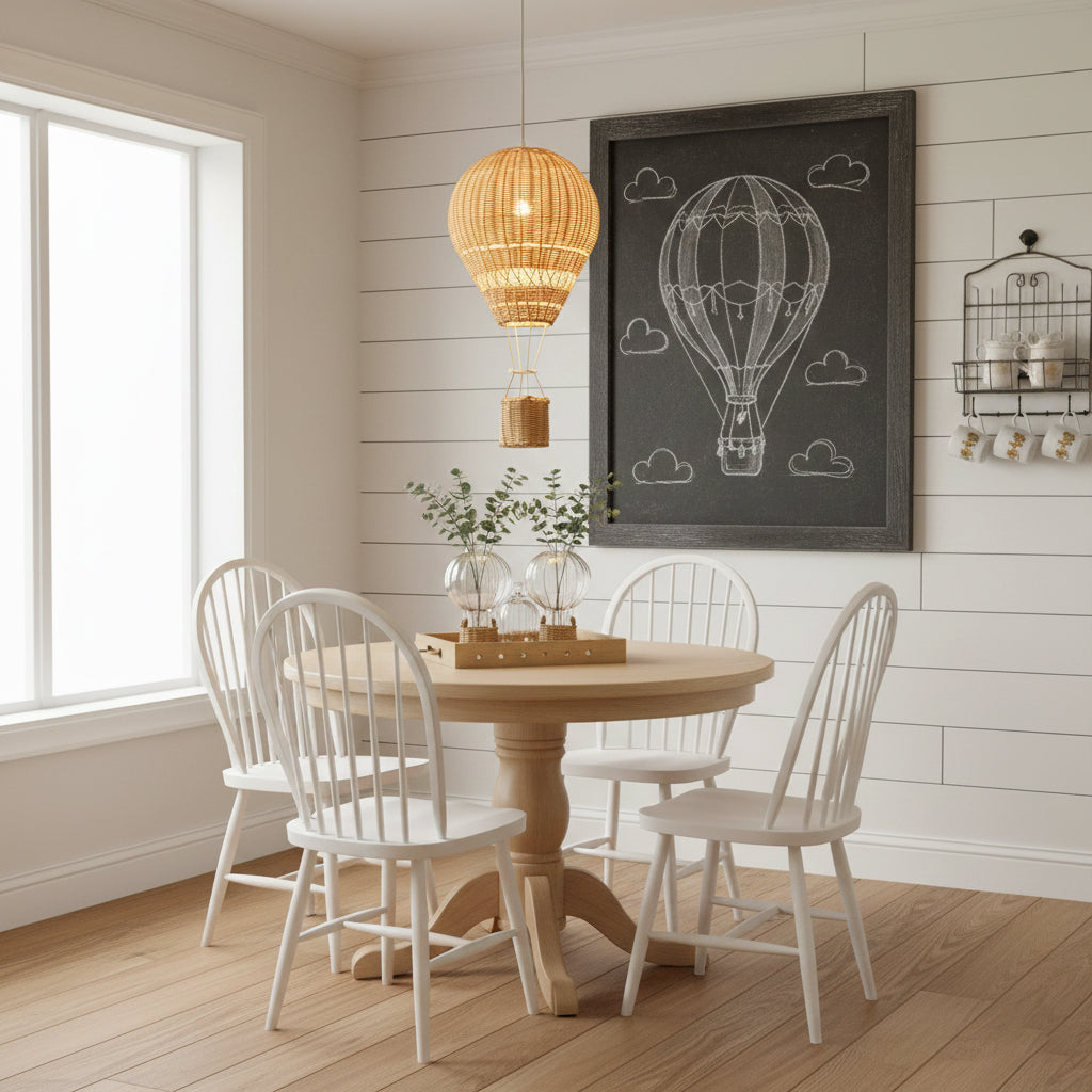 Dining room with wooden table and white chairs, framed artwork on the wall.