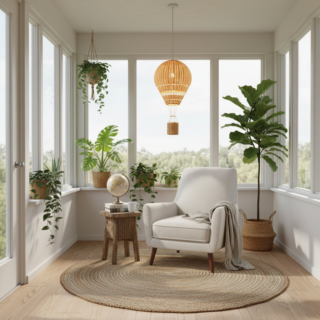 Cozy living room with a white armchair, round rug, and large windows.
