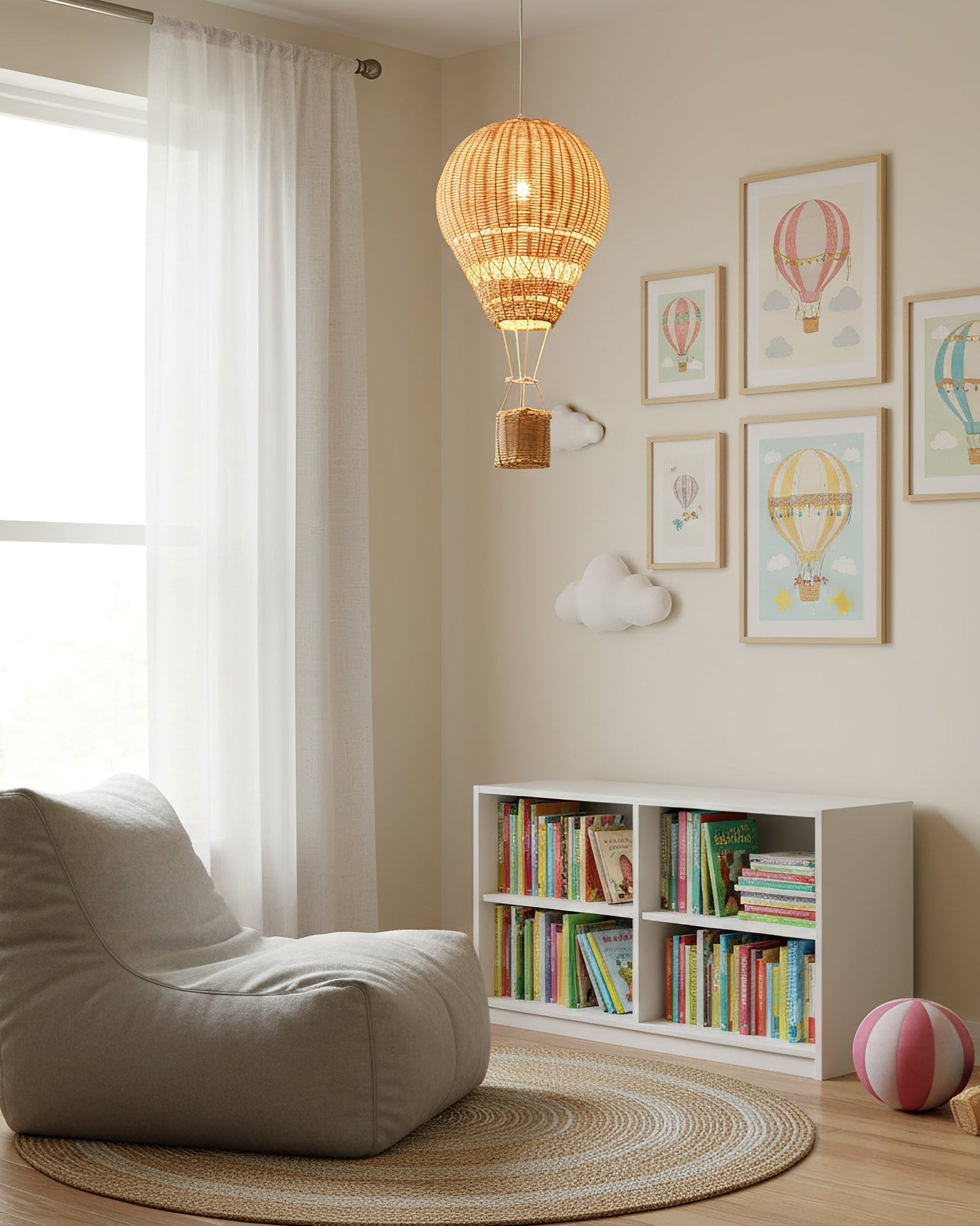 Children's room with bean bag chair, bookshelf, and hot air balloon-themed decor.