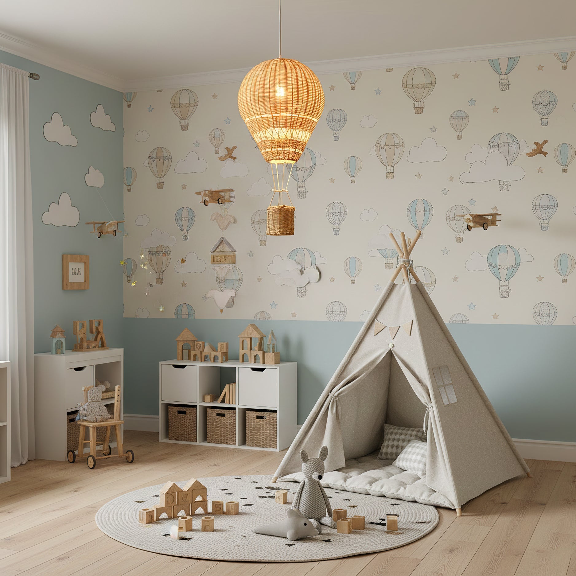 Children's room with a teepee, toys, and colorful wallpaper featuring hot air balloons and airplanes.