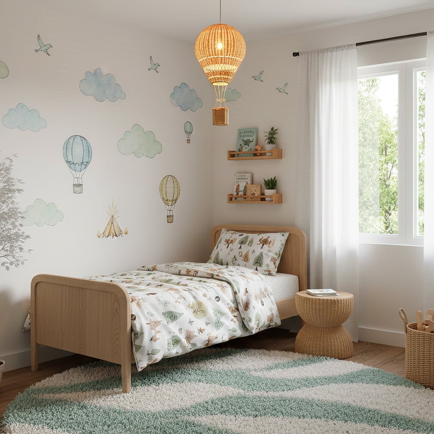 Children's bedroom with wooden bed, colorful bedding, and hot air balloon decorations.
