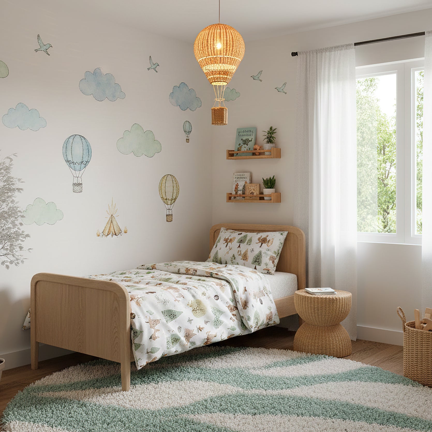 Children's bedroom with wooden bed, colorful bedding, and hot air balloon decorations.