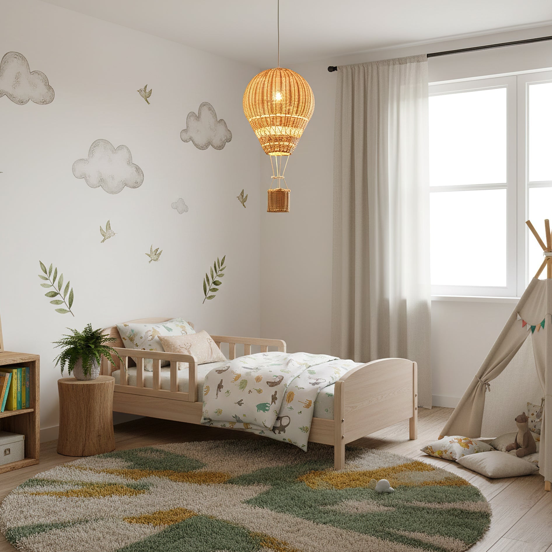 Children's bedroom with wooden bed, colorful rug, and decorative elements.