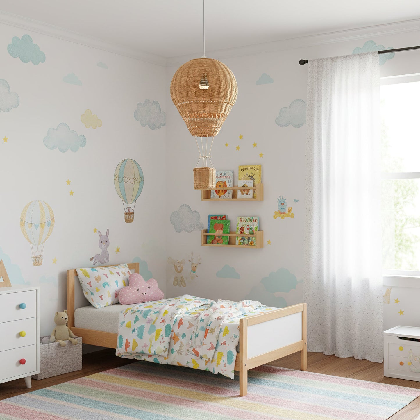 Children's bedroom with a bed, toys, and wall decorations.