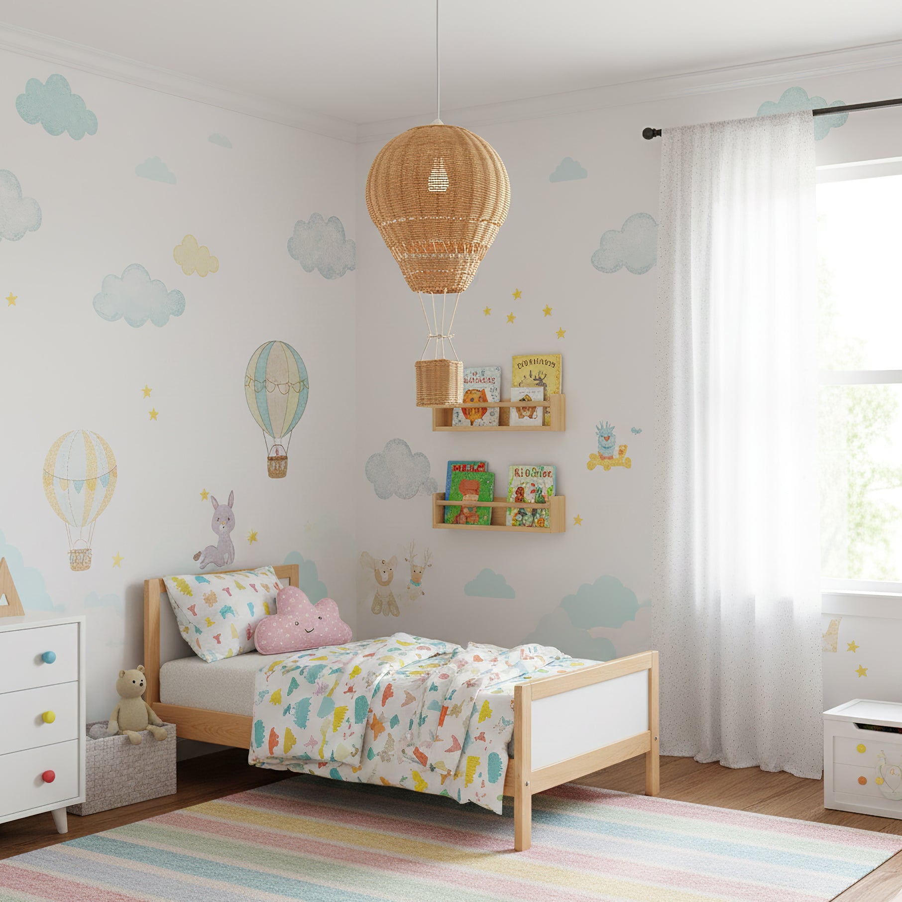 Children's bedroom with a bed, toys, and wall decorations.
