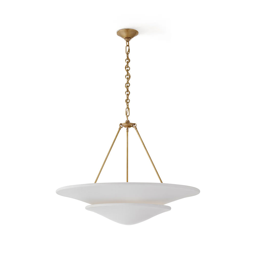 Pendant light with white glass shade and gold metal fixture on a white background