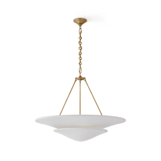 Pendant light with white glass shade and gold metal fixture on a white background