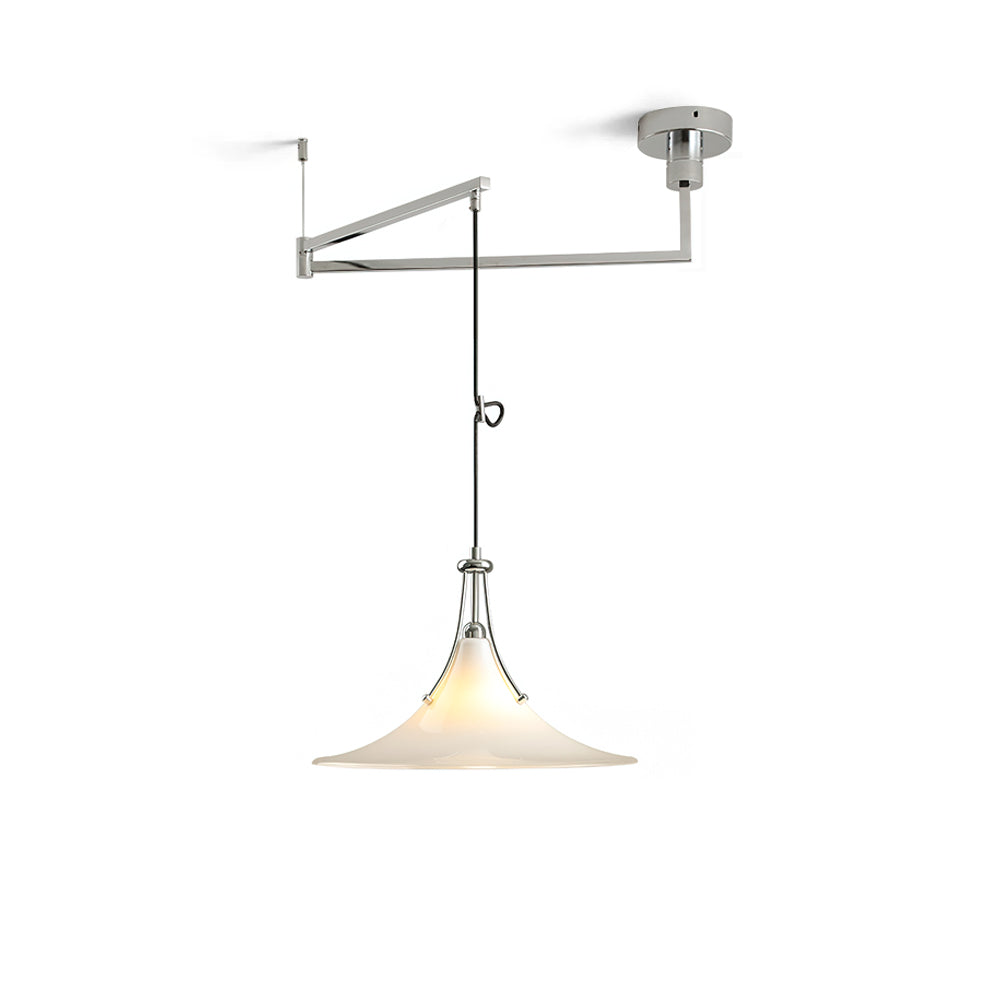 Ceiling-mounted pendant light with a glass shade on a white background