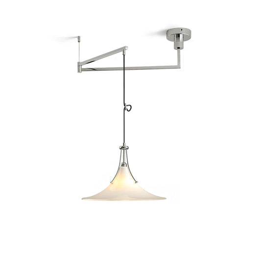 Ceiling-mounted pendant light with a glass shade on a white background